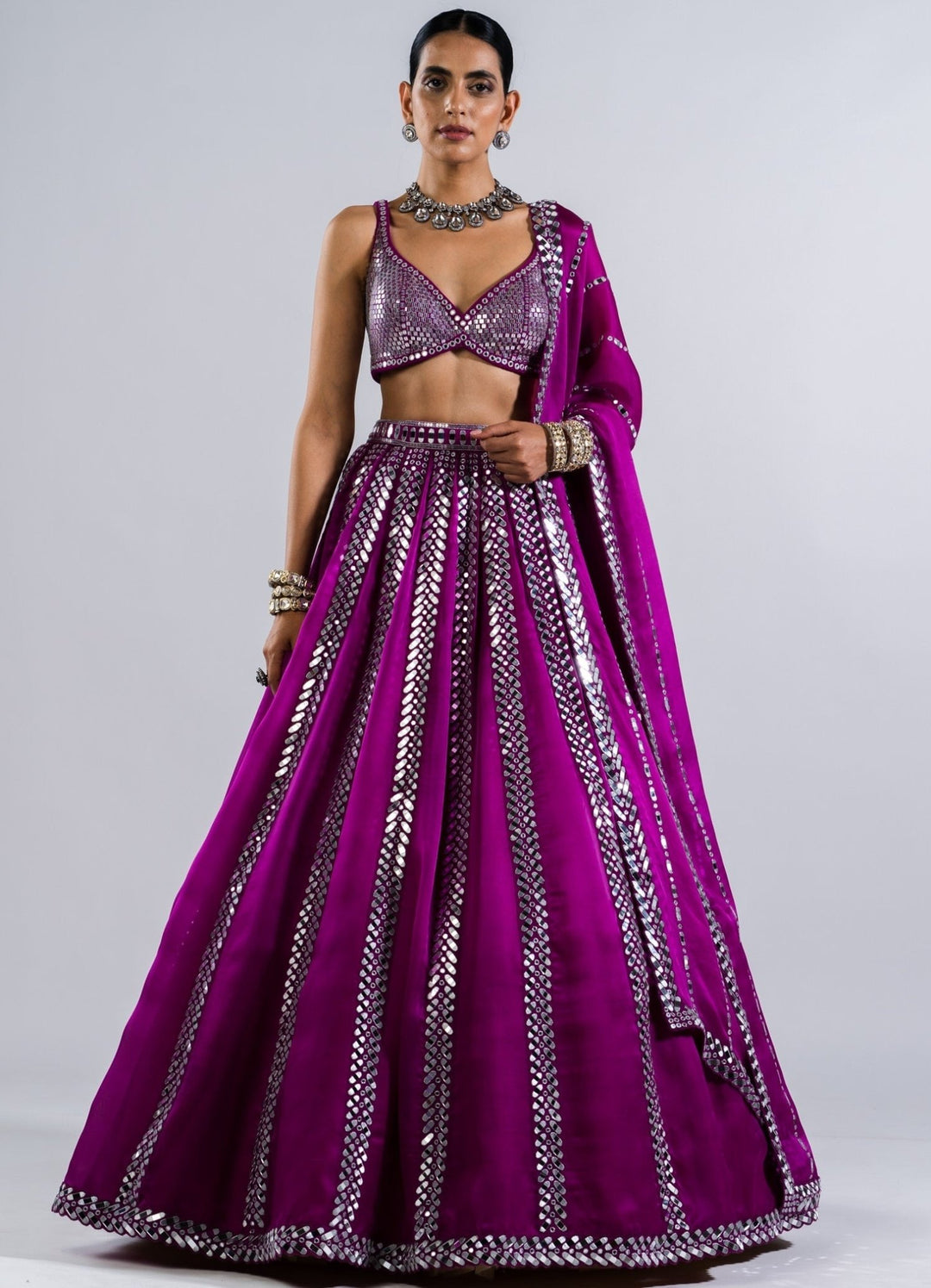 Pop Wine Single Linear Drop Mirror Lehenga With Metallic Sequinned Blouse Vvani by Vani Vats - Fabilicious Fashion