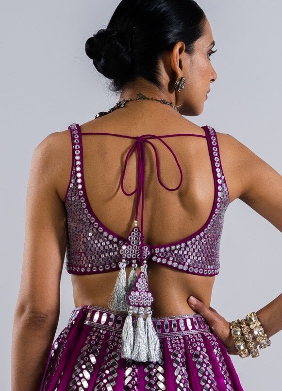 Pop Wine Single Linear Drop Mirror Lehenga With Metallic Sequinned Blouse Vvani by Vani Vats - Fabilicious Fashion