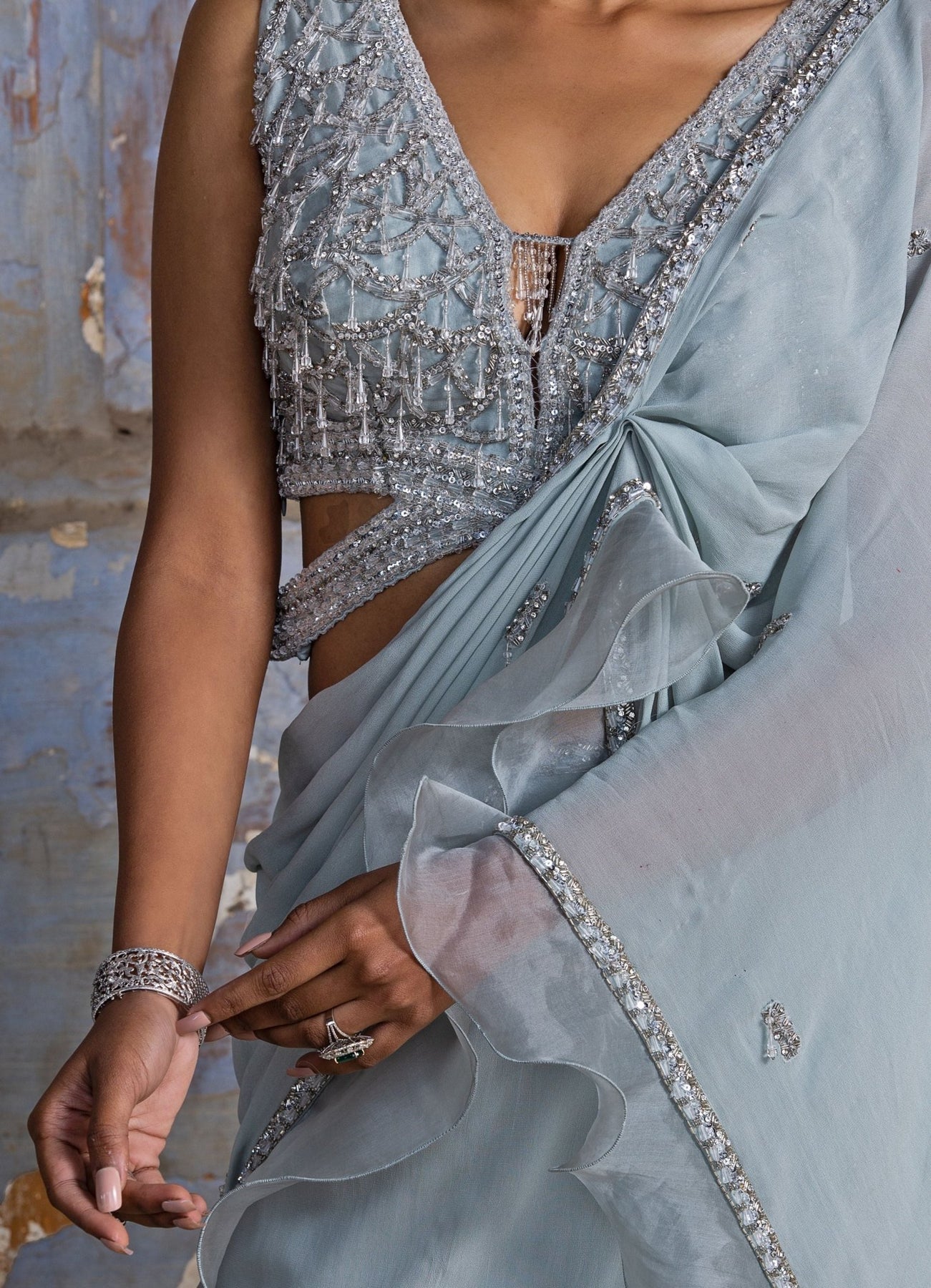 Powder Blue and Silver Organza Drape Saree Set - Nitika Gujral