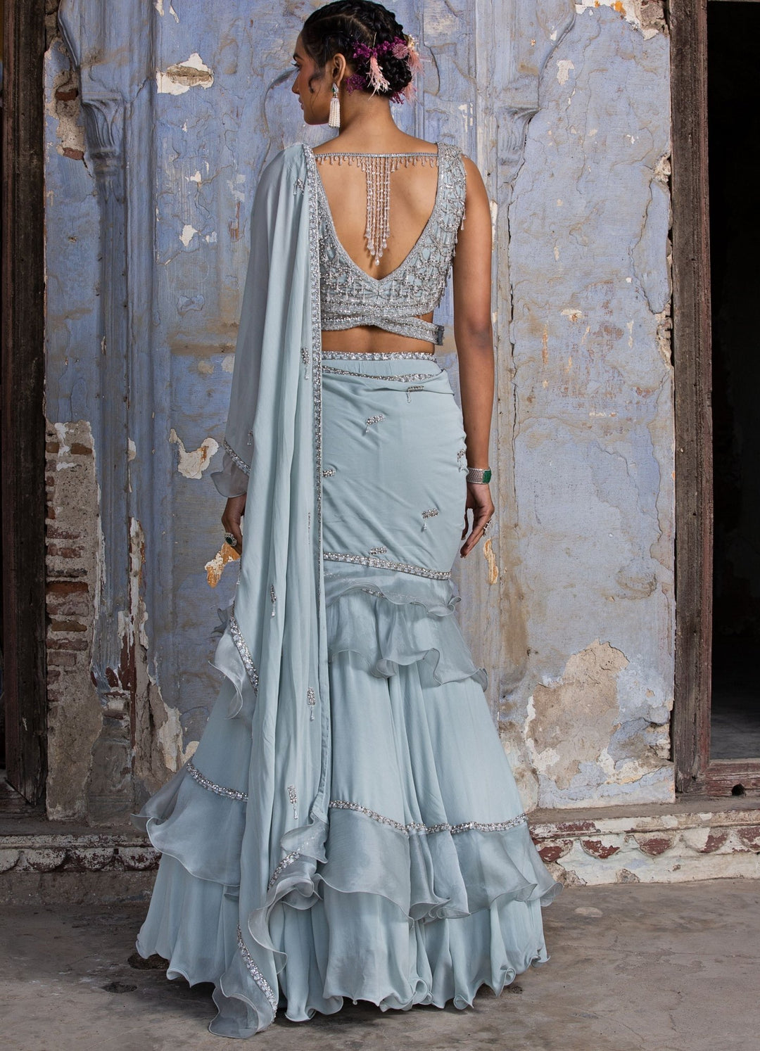Powder Blue and Silver Organza Drape Saree Set Nitika Gujral - Fabilicious Fashion
