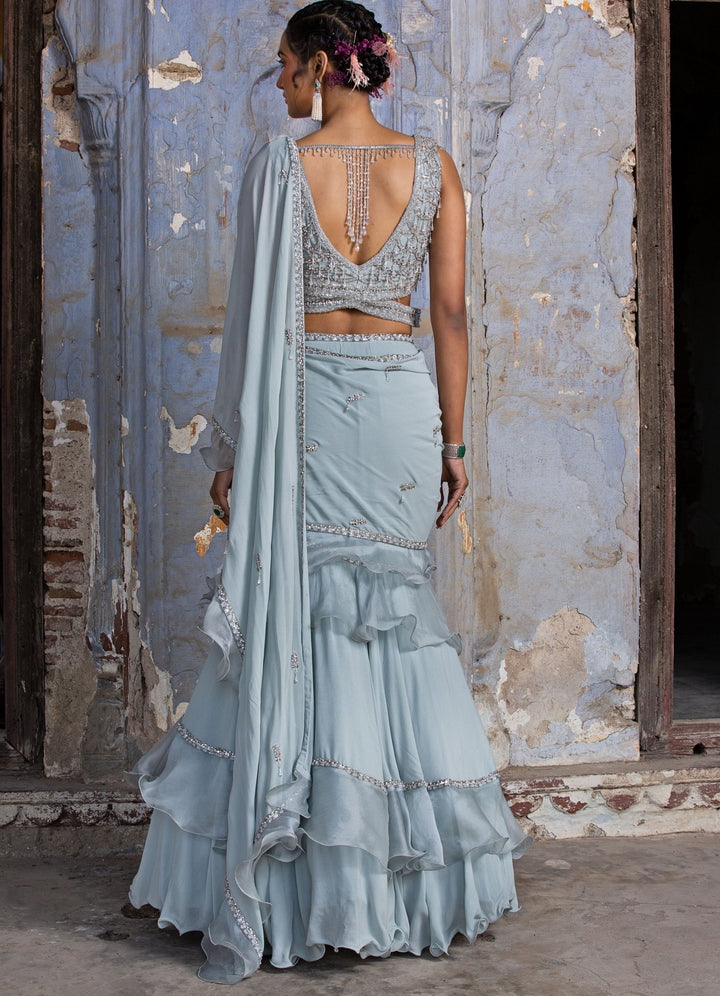 Powder Blue and Silver Organza Drape Saree Set Nitika Gujral - Fabilicious Fashion