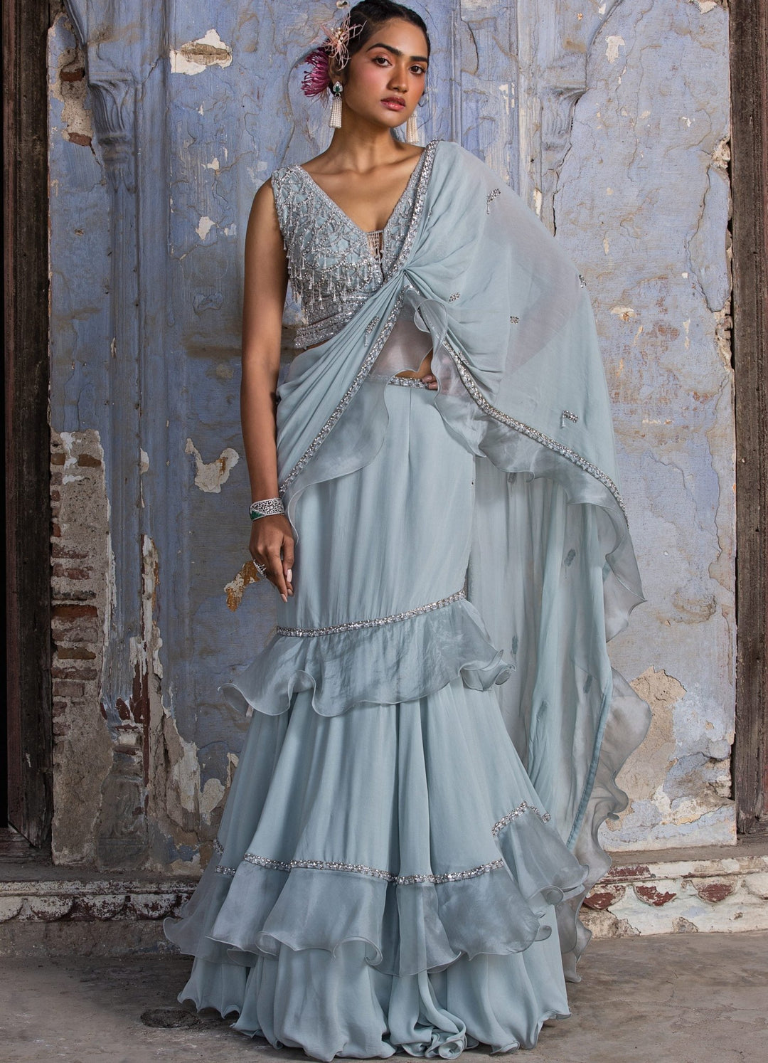 Powder Blue and Silver Organza Drape Saree Set Nitika Gujral - Fabilicious Fashion