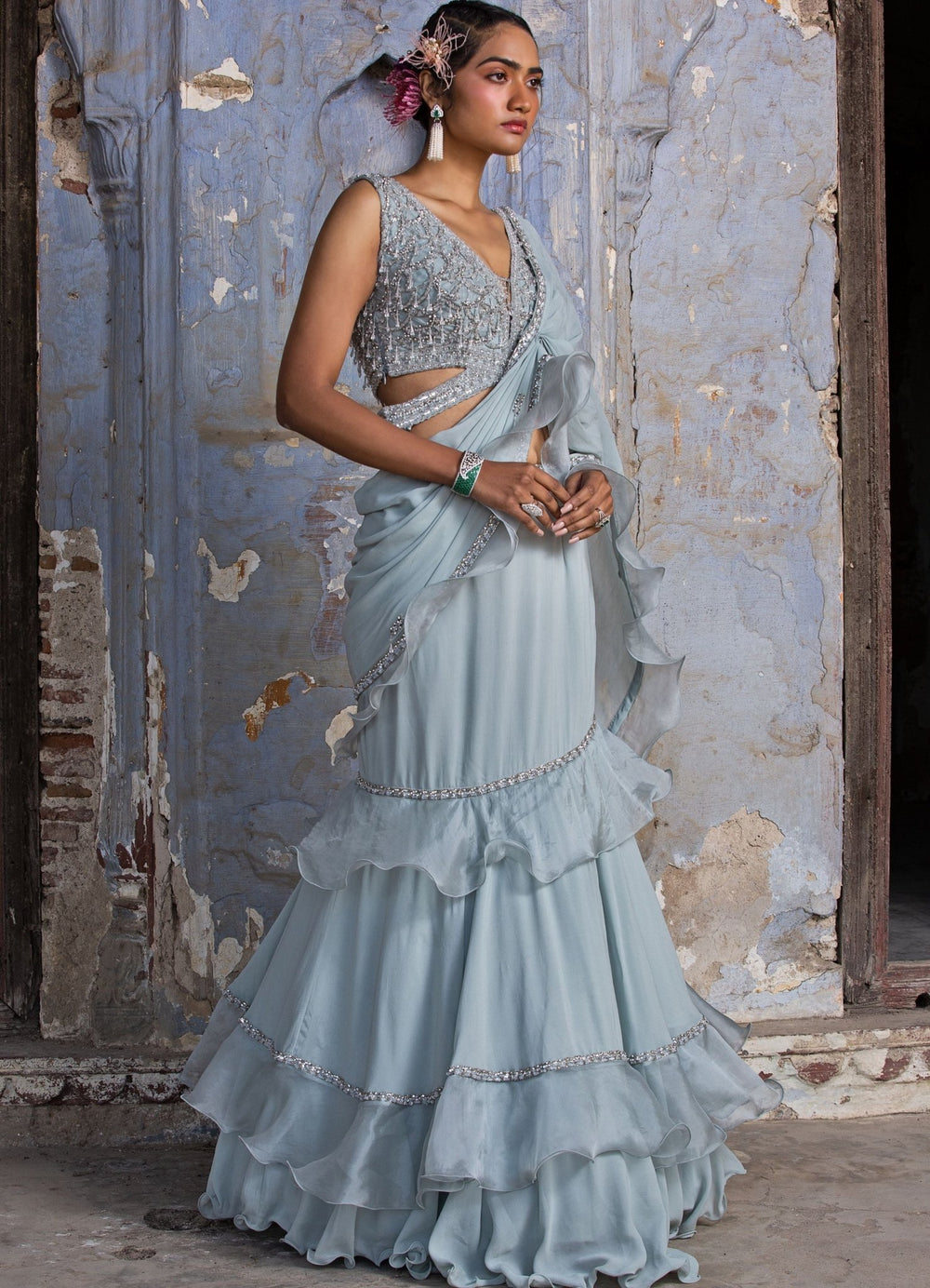 Powder Blue and Silver Organza Drape Saree Set Nitika Gujral - Fabilicious Fashion
