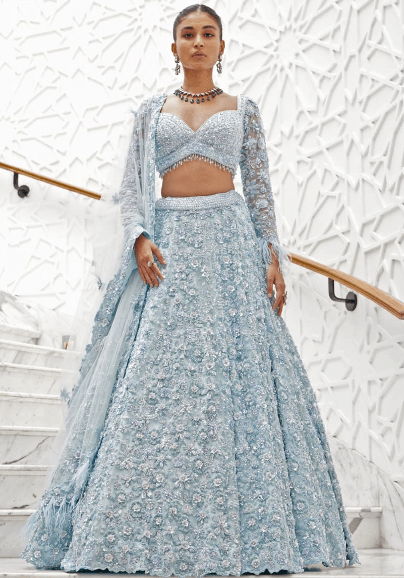 Powder blue embroidered net lehenga set — heavy bridal cancan lehenga by Nitika Gujral