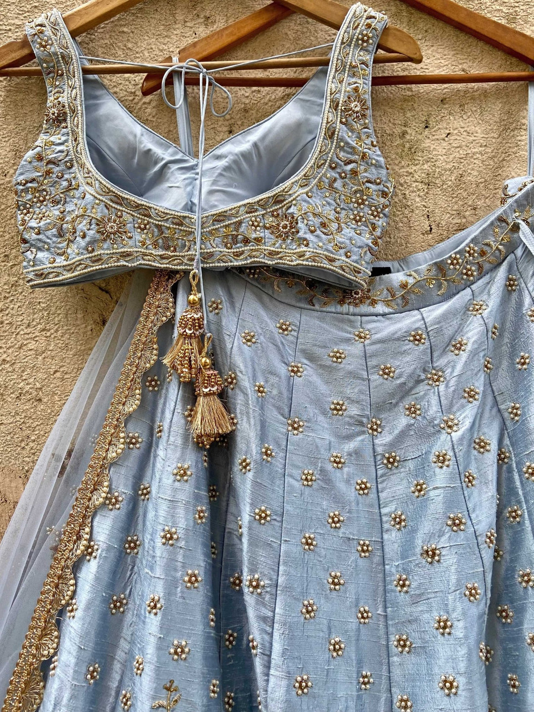 Powder Blue Bridal Raw Silk Lehenga Set Priti Sahni - Fabilicious Fashion