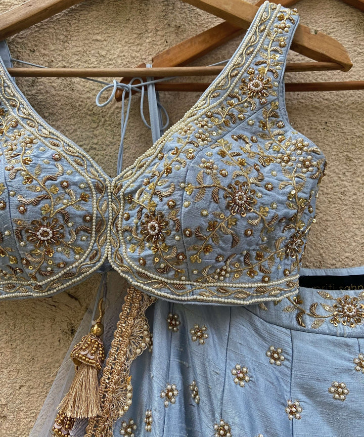 Powder Blue Bridal Raw Silk Lehenga Set Priti Sahni - Fabilicious Fashion