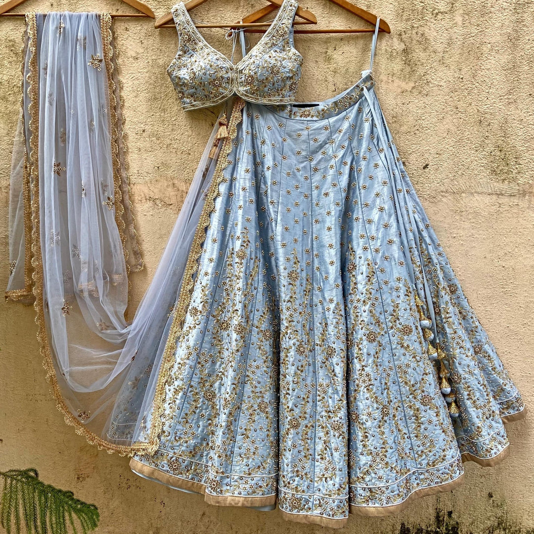 Powder Blue Bridal Raw Silk Lehenga Set Priti Sahni - Fabilicious Fashion