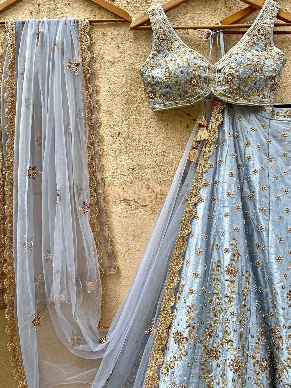 Powder Blue Bridal Raw Silk Lehenga Set Priti Sahni - Fabilicious Fashion