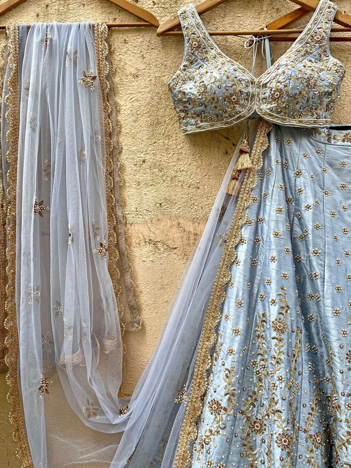 Powder Blue Bridal Raw Silk Lehenga Set Priti Sahni - Fabilicious Fashion