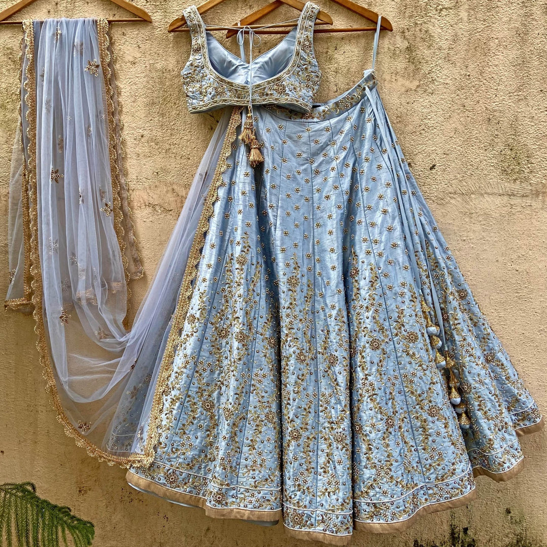 Powder Blue Bridal Raw Silk Lehenga Set Priti Sahni - Fabilicious Fashion