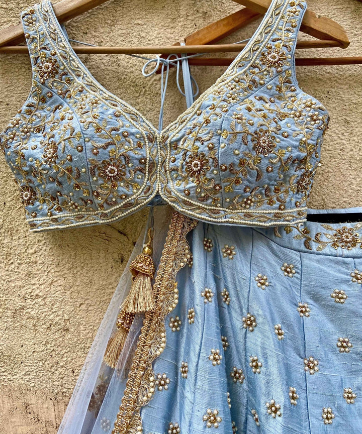 Powder Blue Bridal Raw Silk Lehenga Set Priti Sahni - Fabilicious Fashion