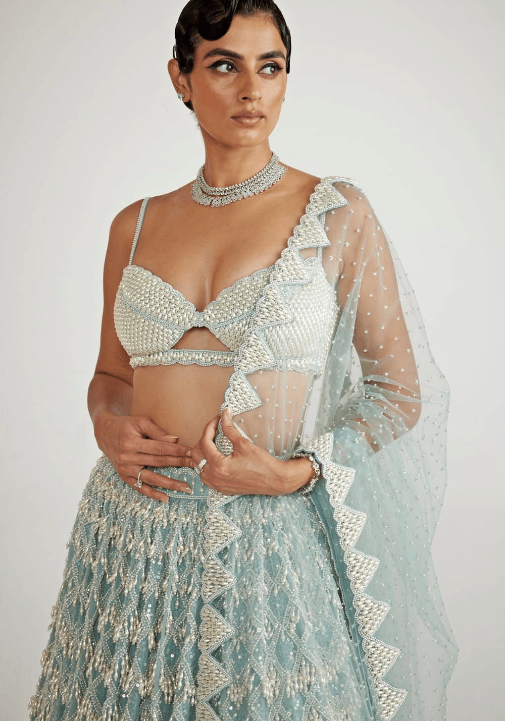Powder Blue Chandelier Pearl Drop Bridal Lehenga Set Vvani By Vani Vats - Fabilicious Fashion