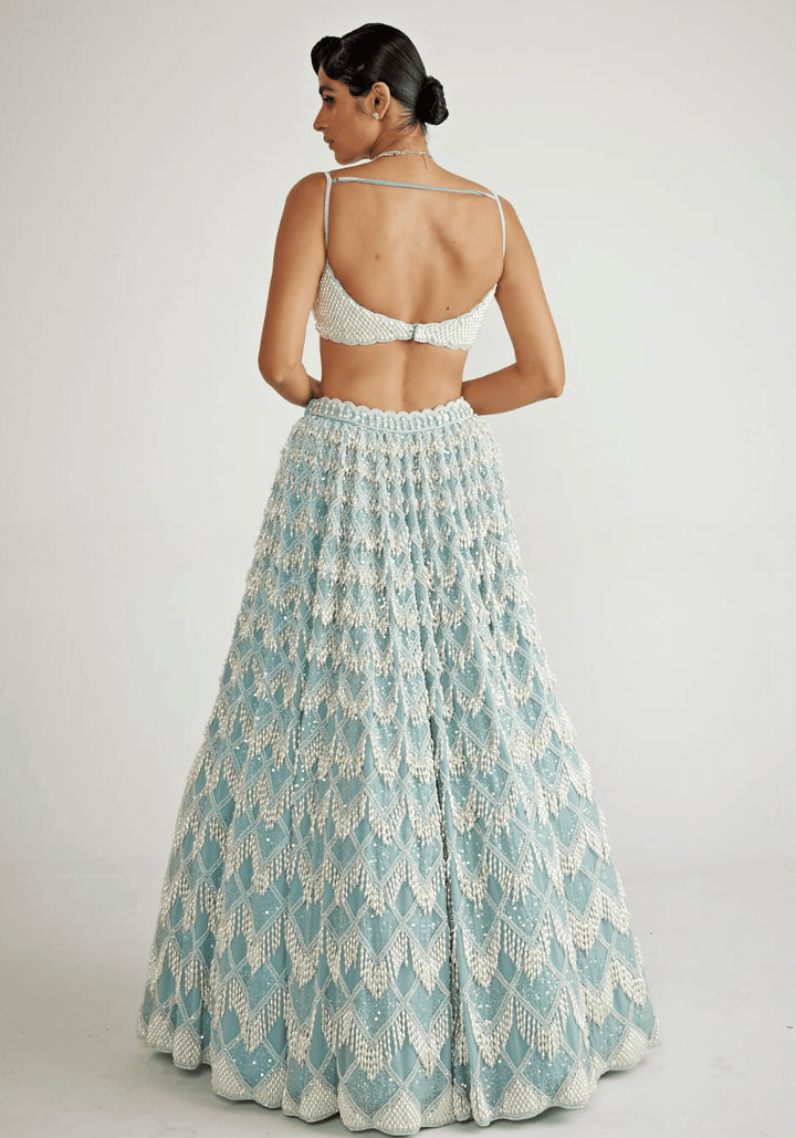 Powder Blue Chandelier Pearl Drop Bridal Lehenga Set Vvani By Vani Vats - Fabilicious Fashion
