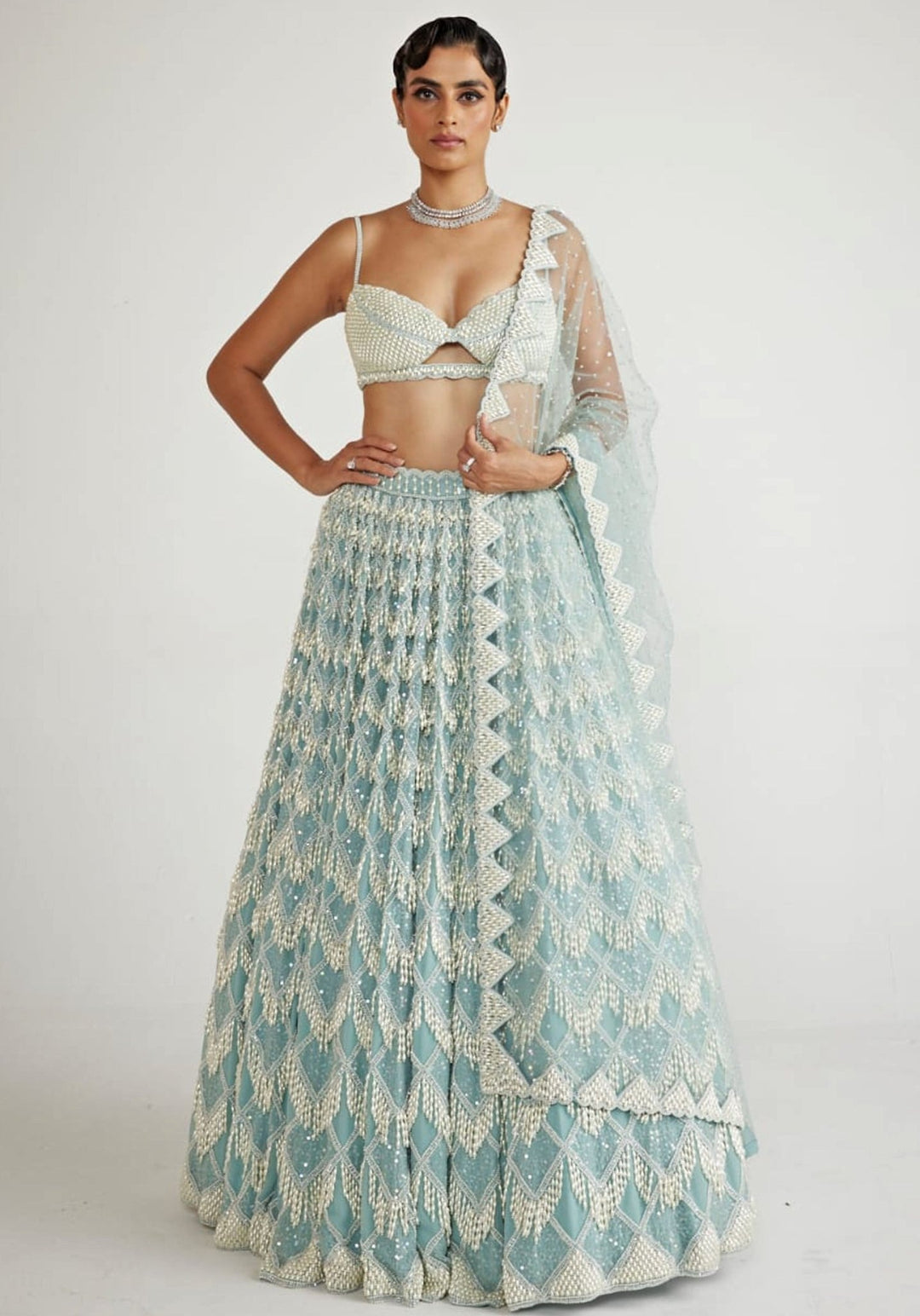 Powder Blue Chandelier Pearl Drop Bridal Lehenga Set Vvani By Vani Vats - Fabilicious Fashion