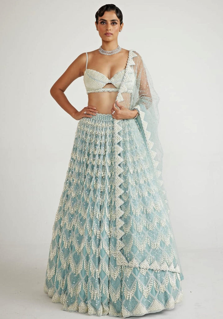 Powder Blue Chandelier Pearl Drop Bridal Lehenga Set Vvani By Vani Vats - Fabilicious Fashion