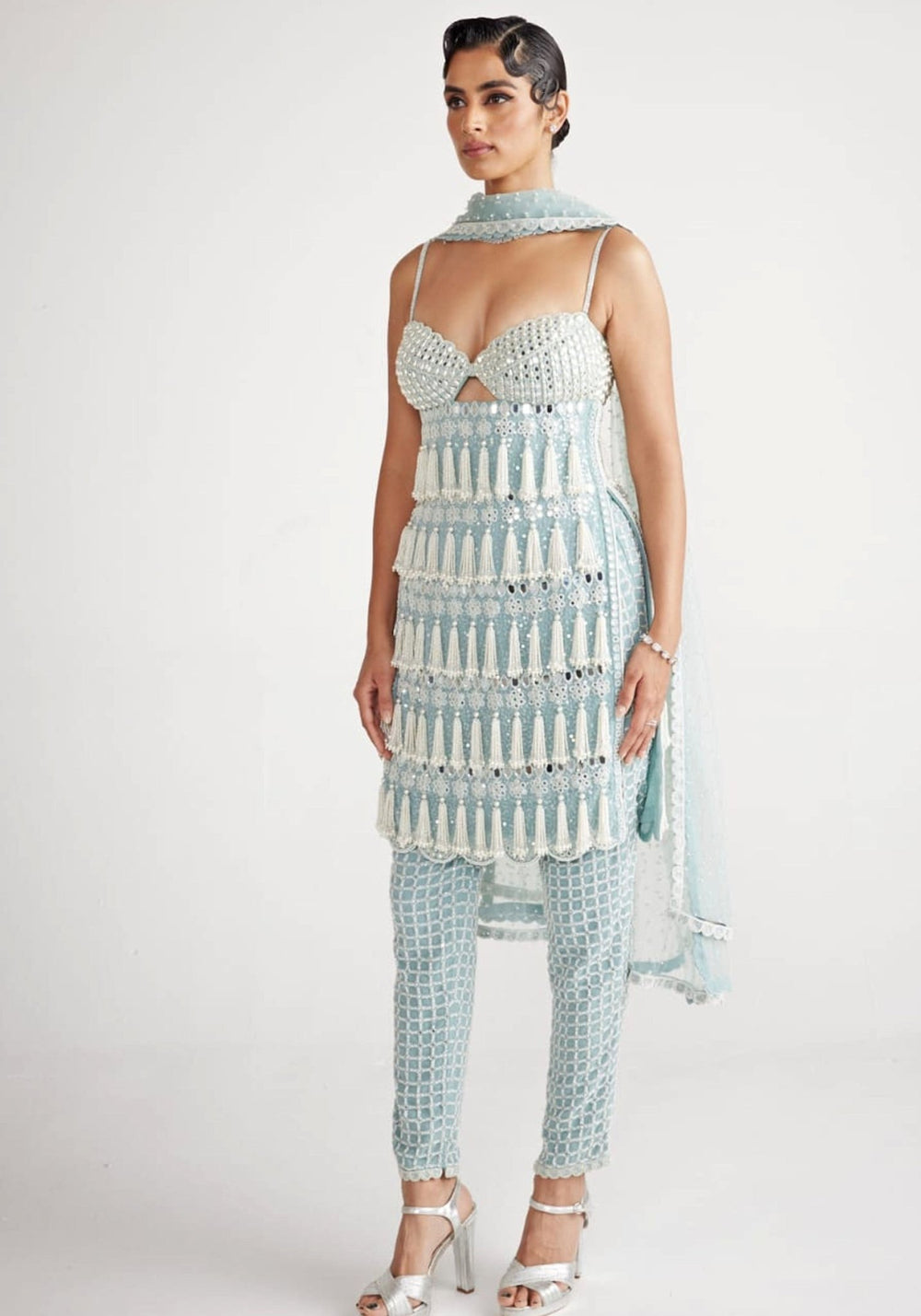 Powder Blue Chandelier Pearl Drop Pant Kurta Set Vvani By Vani Vats - Fabilicious Fashion