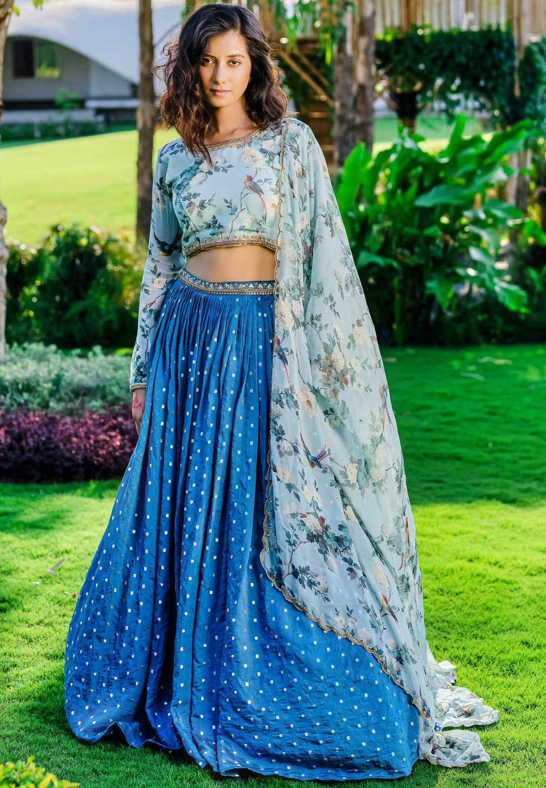 Powder Blue Chanderi Lehenga With Border Embellished Blouse And Dupatta Redpine - Fabilicious Fashion