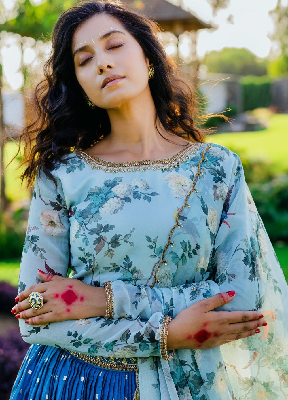 Powder Blue Chanderi Lehenga With Border Embellished Blouse And Dupatta Redpine - Fabilicious Fashion