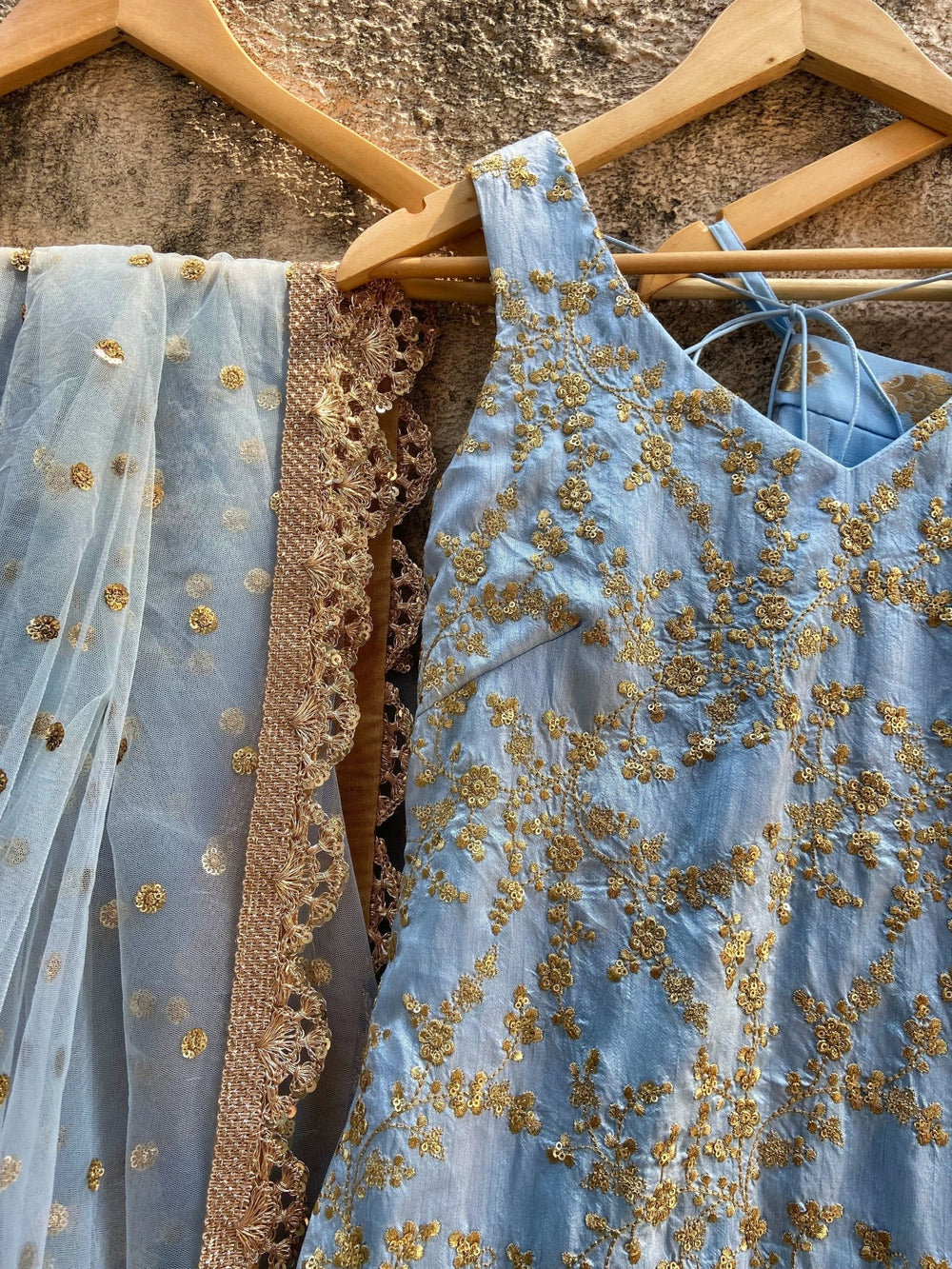 Powder Blue Embellished Kurta and Palazzo Set With Net Dupatta Priti Sahni - Fabilicious Fashion
