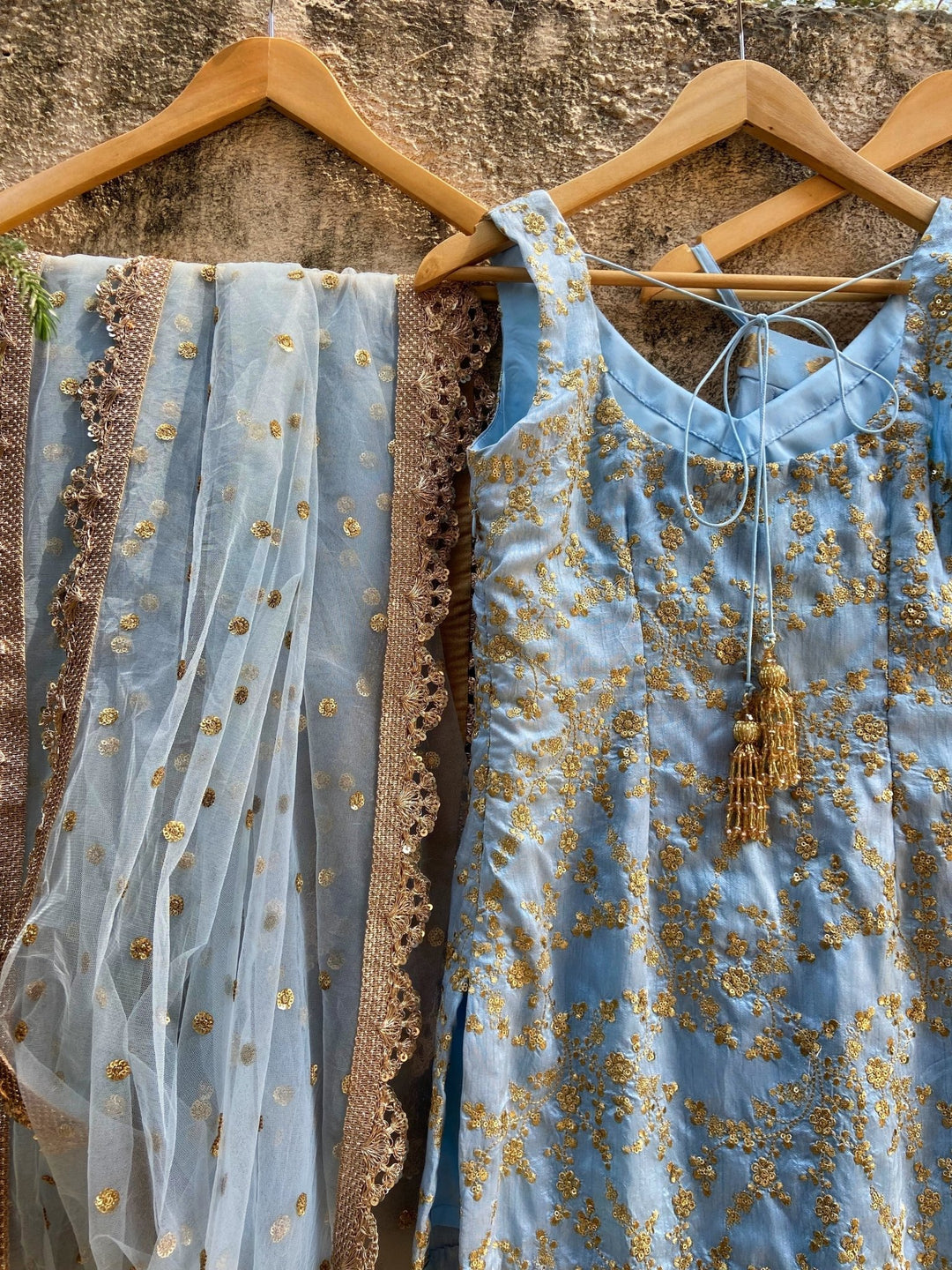 Powder Blue Embellished Kurta and Palazzo Set With Net Dupatta Priti Sahni - Fabilicious Fashion