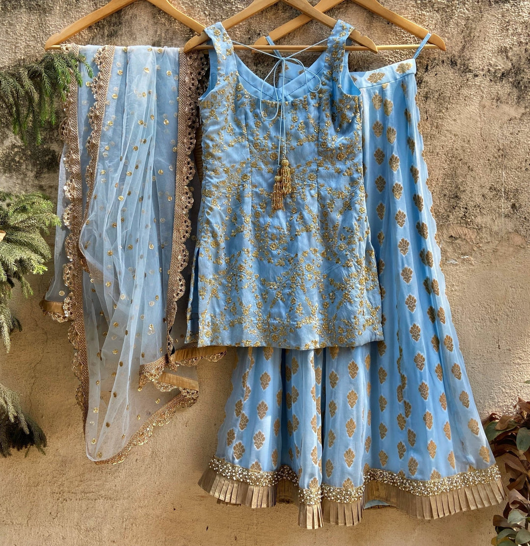 Powder Blue Embellished Kurta and Palazzo Set With Net Dupatta Priti Sahni - Fabilicious Fashion