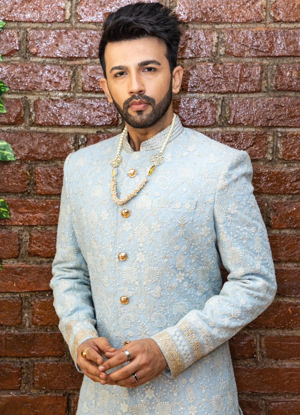 Powder Blue Embellished Silk Sherwani Set Priti Sahni - Men - Fabilicious Fashion