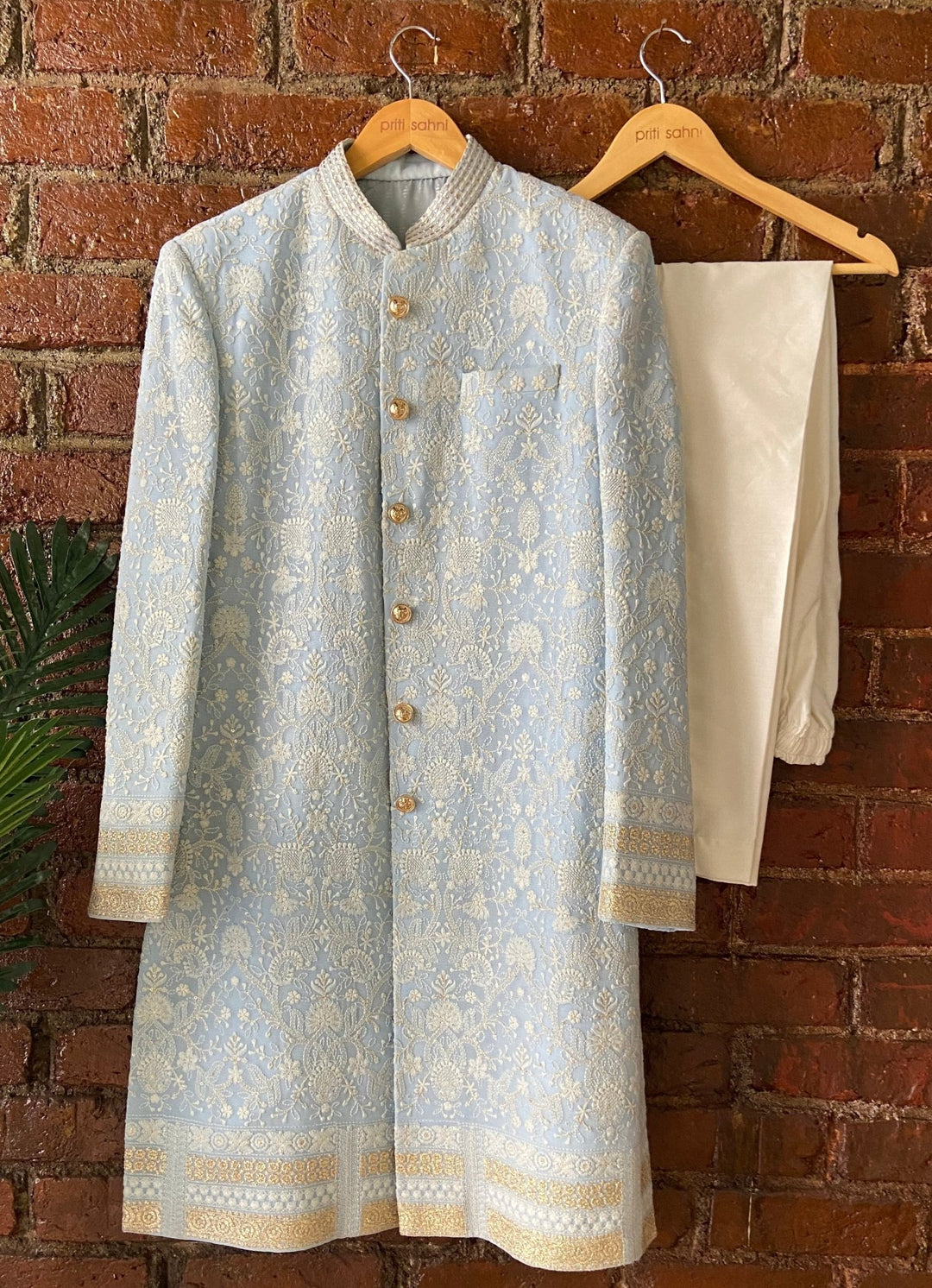 Powder Blue Embellished Silk Sherwani Set Priti Sahni - Men - Fabilicious Fashion