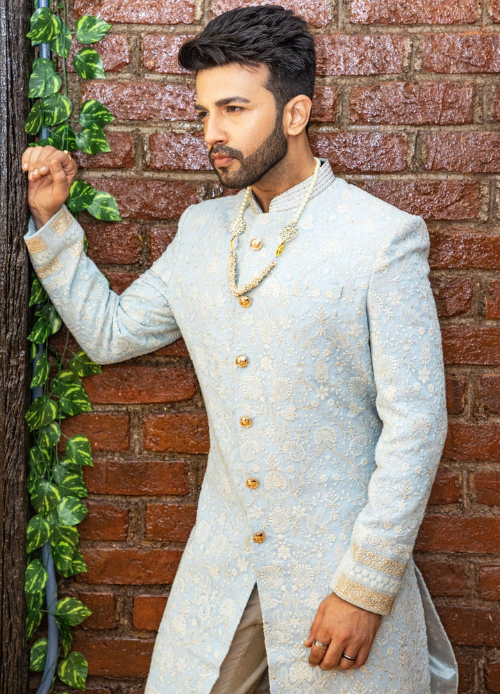 Powder Blue Embellished Silk Sherwani Set Priti Sahni - Men - Fabilicious Fashion