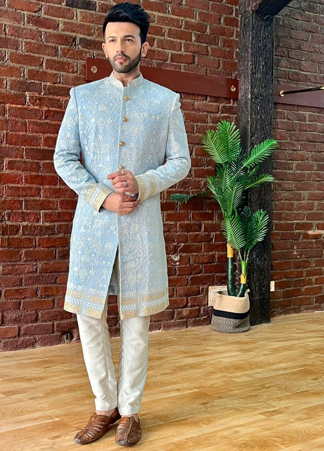 Powder Blue Embellished Silk Sherwani Set Priti Sahni - Men - Fabilicious Fashion