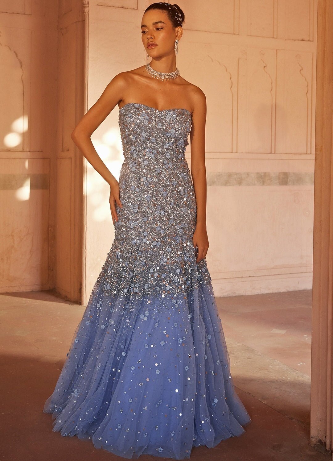 Powder Blue Off Shoulder Embellished Net Gown Prevasu - Fabilicious Fashion