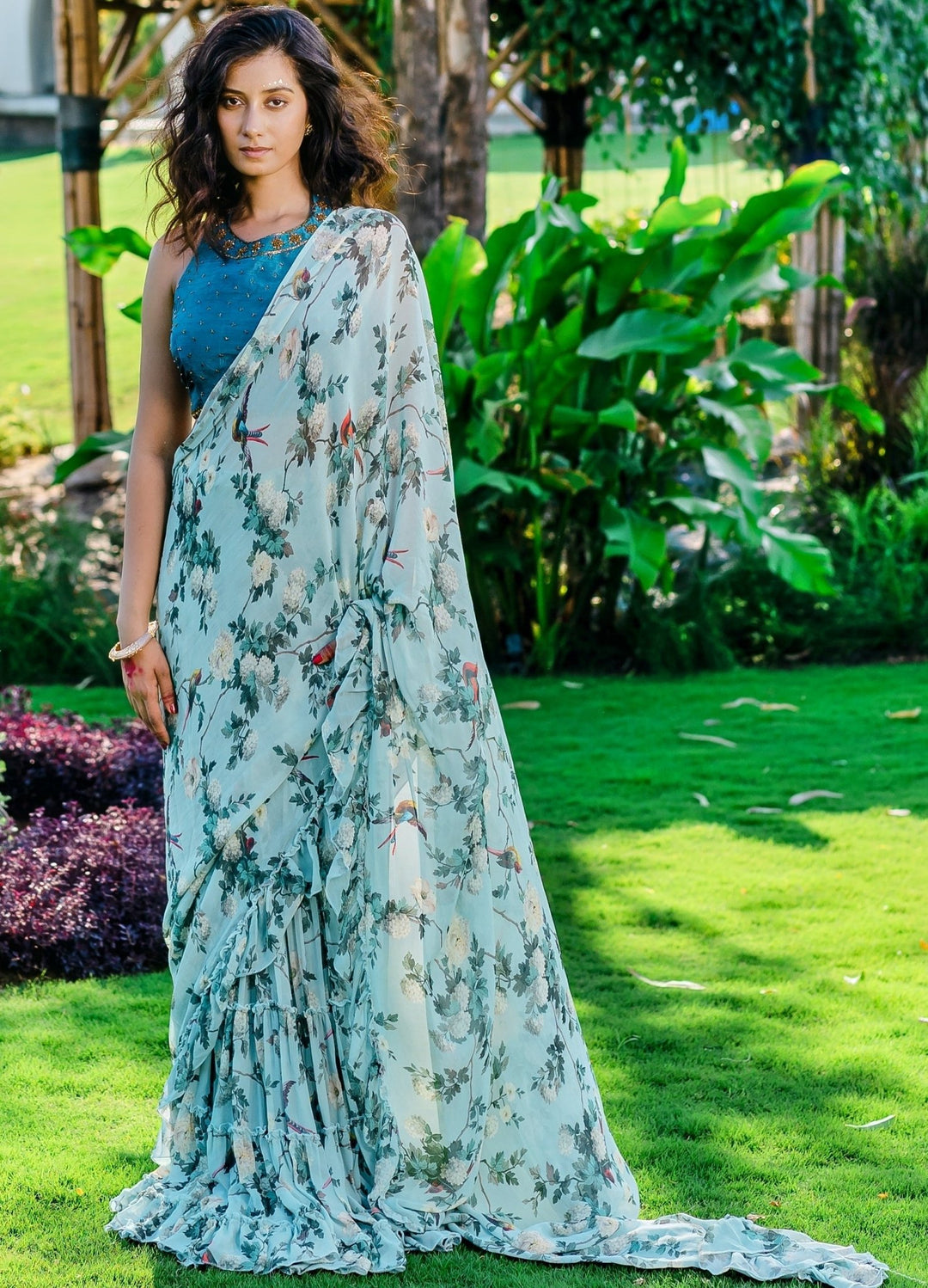 Powder Blue Printed Pre-draped Ruffled Saree Set With Embellished Blouse Redpine - Fabilicious Fashion