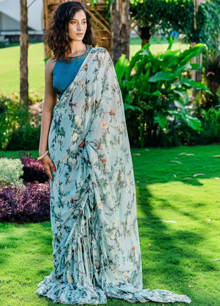 Powder Blue Printed Pre-draped Ruffled Saree Set With Embellished Blouse Redpine - Fabilicious Fashion