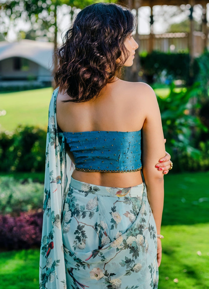 Powder Blue Printed Pre-draped Ruffled Saree Set With Embellished Blouse Redpine - Fabilicious Fashion