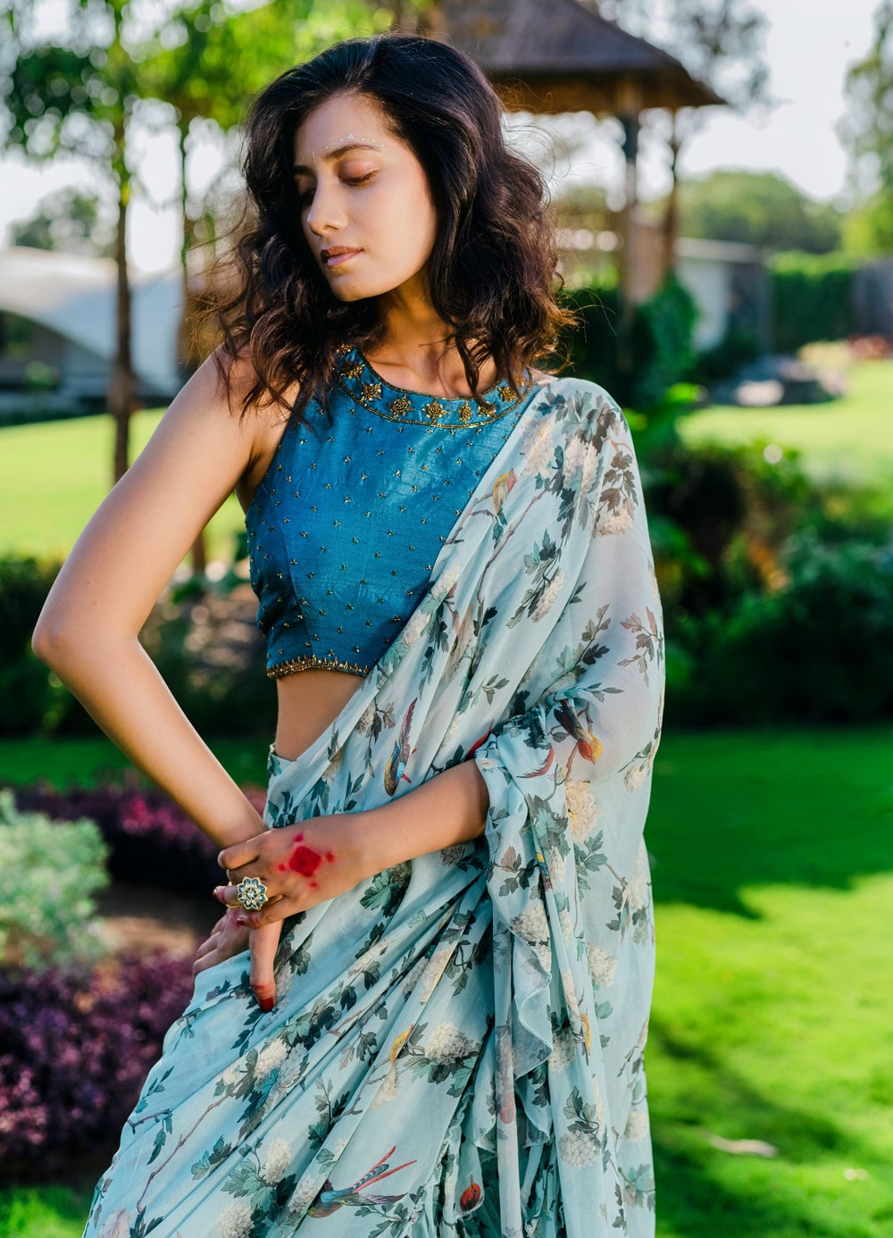 Powder Blue Printed Pre-draped Ruffled Saree Set With Embellished Blouse Redpine - Fabilicious Fashion