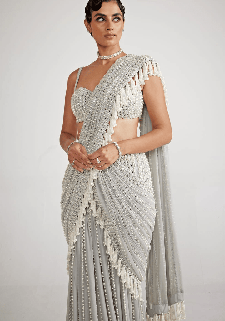 Powder Grey Chandelier Pearl Drop Pre Drape Saree Set Vvani By Vani Vats - Fabilicious Fashion