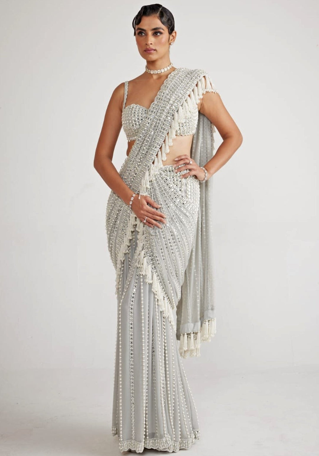 Powder Grey Chandelier Pearl Drop Pre Drape Saree Set Vvani By Vani Vats - Fabilicious Fashion