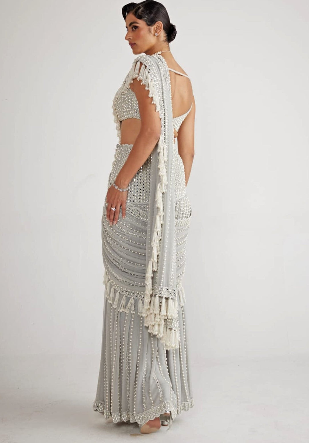 Powder Grey Chandelier Pearl Drop Pre Drape Saree Set Vvani By Vani Vats - Fabilicious Fashion
