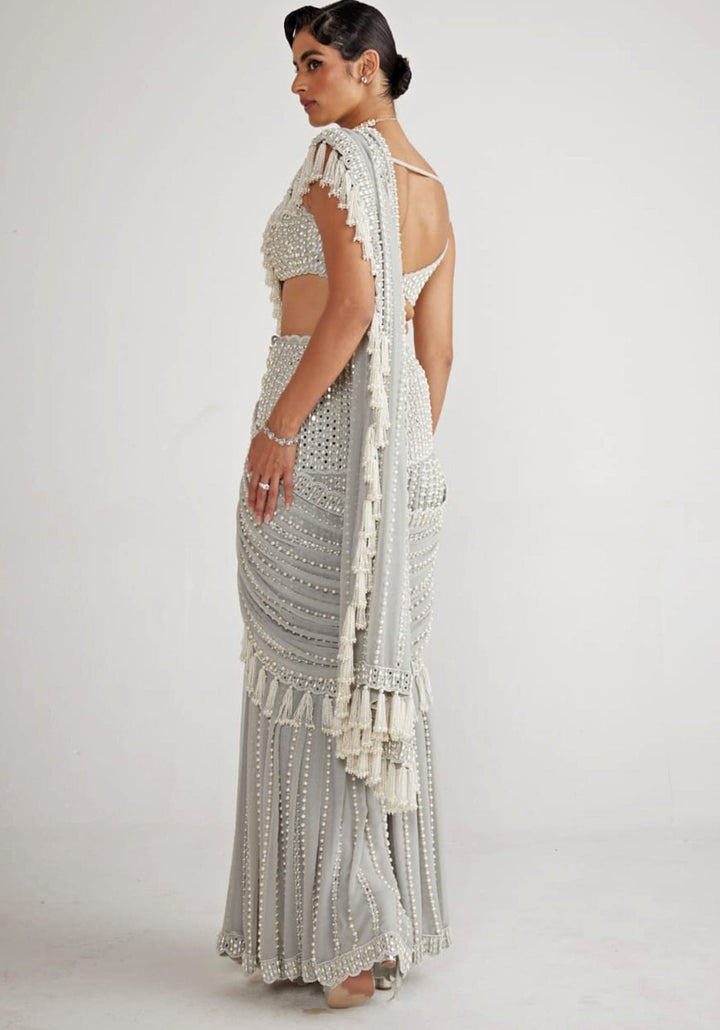 Powder Grey Chandelier Pearl Drop Pre Drape Saree Set Vvani By Vani Vats - Fabilicious Fashion
