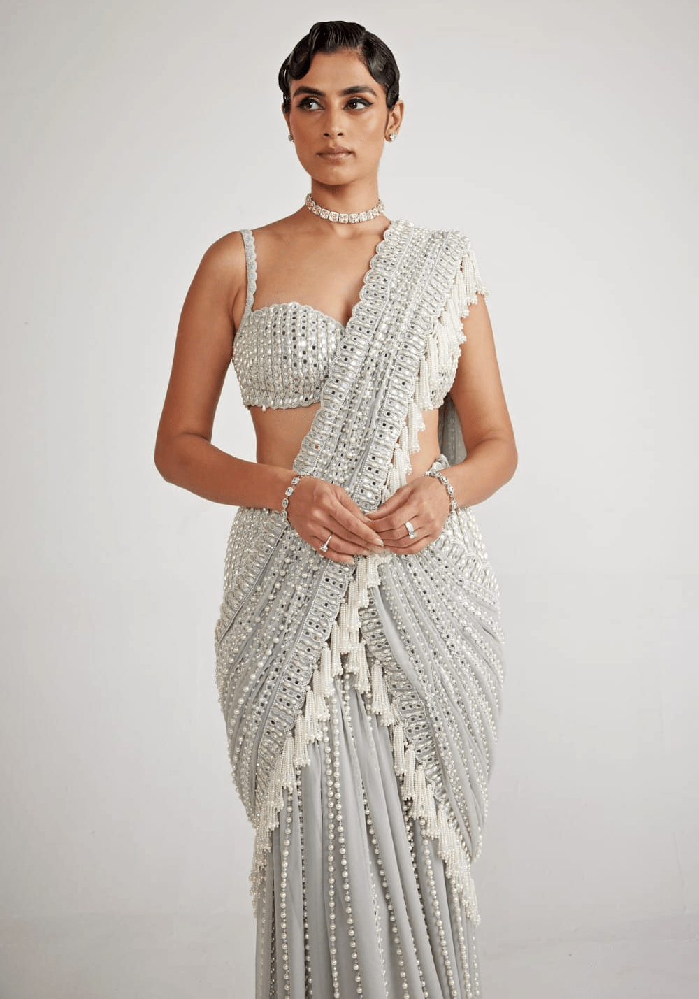 Powder Grey Chandelier Pearl Drop Pre Drape Saree Set Vvani By Vani Vats - Fabilicious Fashion