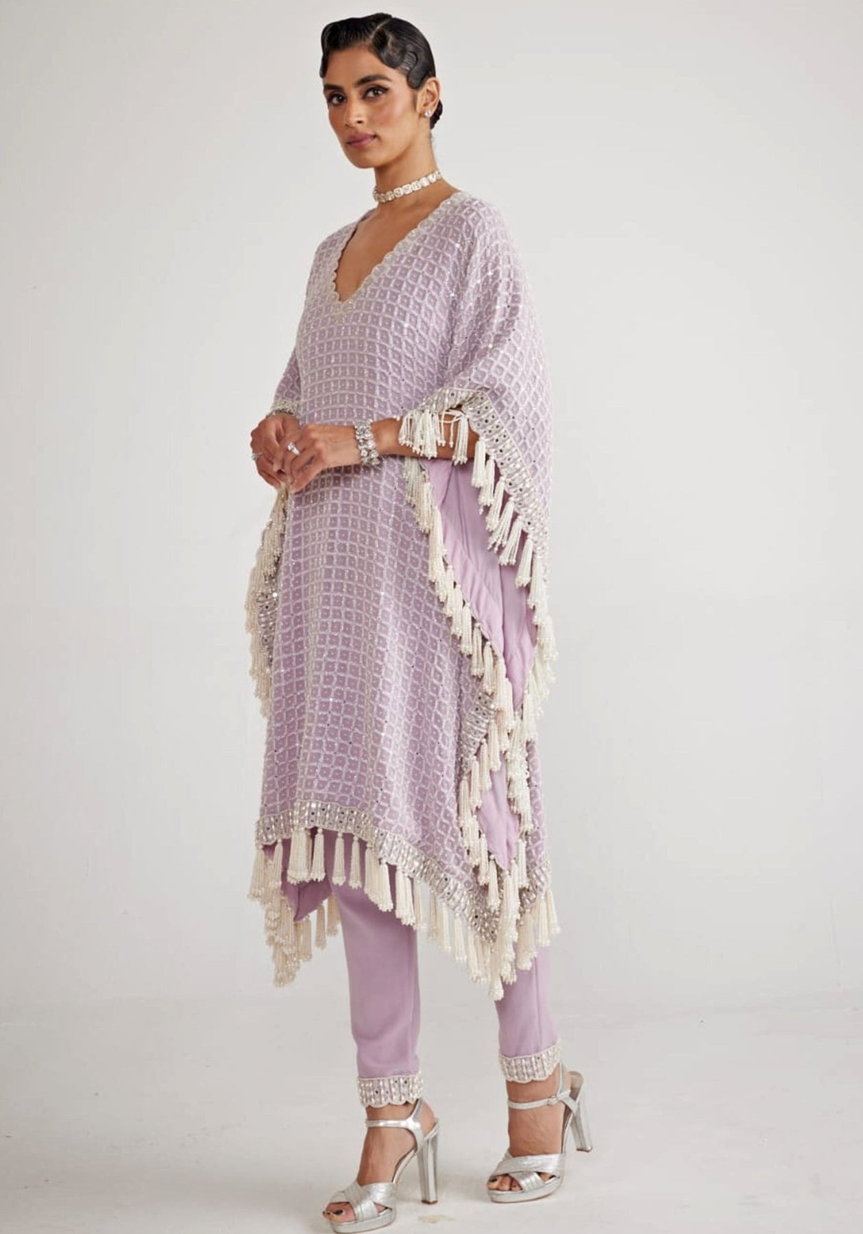 Powder Lilac Chandelier Pearl Drop Kaftan Set Vvani By Vani Vats
