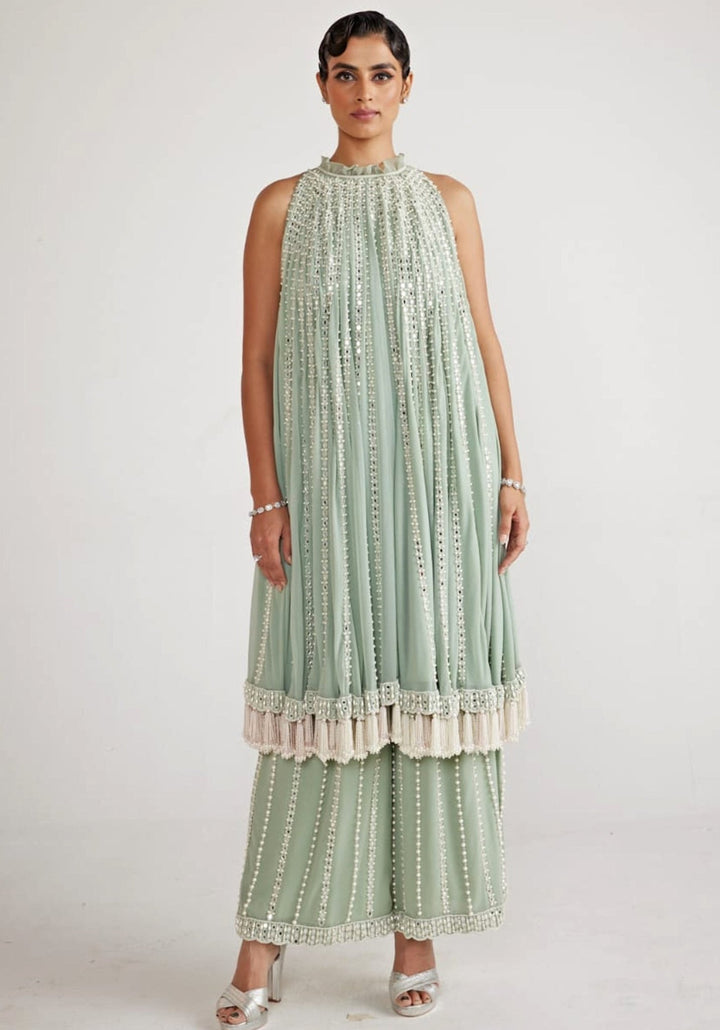 Powder Mint Green Chandelier Drop Kurta Set Vvani By Vani Vats - Fabilicious Fashion