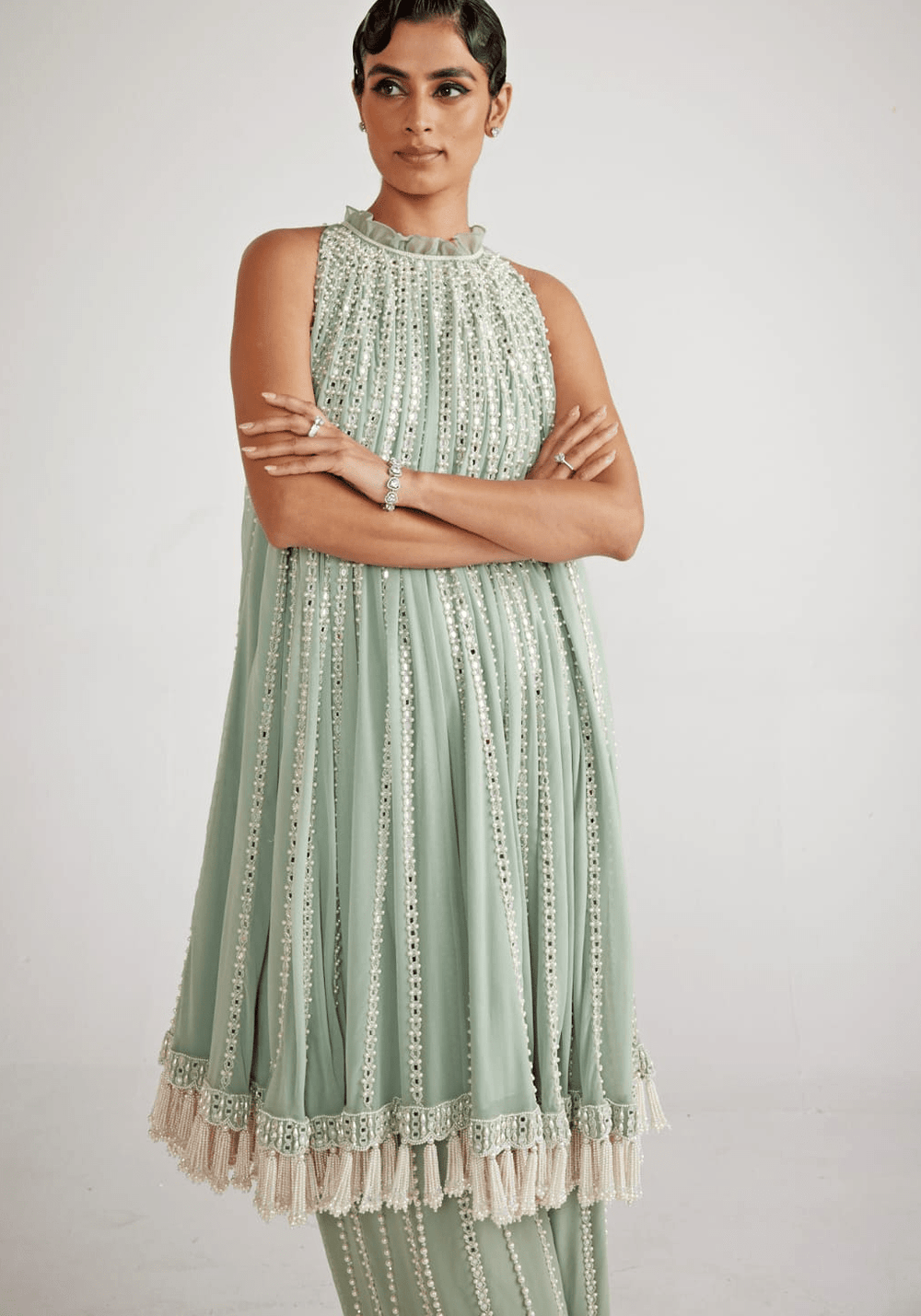 Powder Mint Green Chandelier Drop Kurta Set Vvani By Vani Vats - Fabilicious Fashion