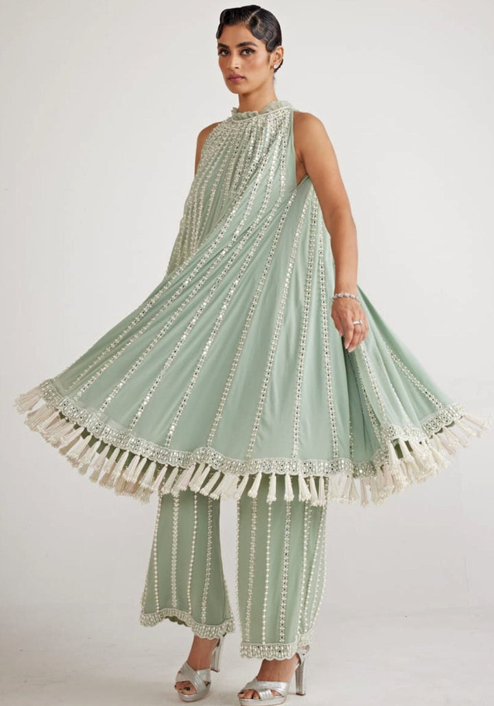 Powder Mint Green Chandelier Drop Kurta Set Vvani By Vani Vats - Fabilicious Fashion