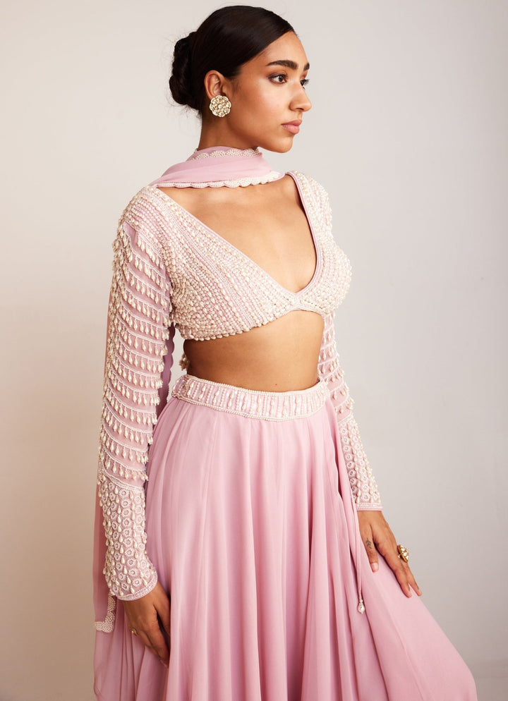 Powder Pink Georgette Lehenga Pant Set With Pearl Embellished Full Sleeved Blouse Vvani By Vani Vats - Fabilicious Fashion