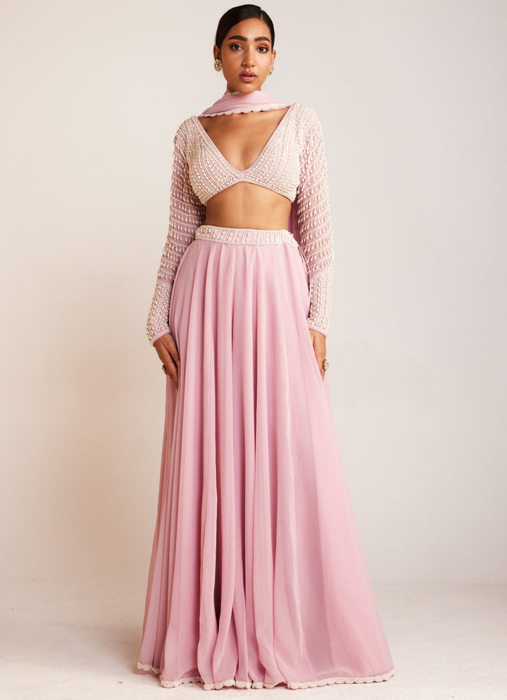 Powder Pink Georgette Lehenga Pant Set With Pearl Embellished Full Sleeved Blouse Vvani By Vani Vats - Fabilicious Fashion