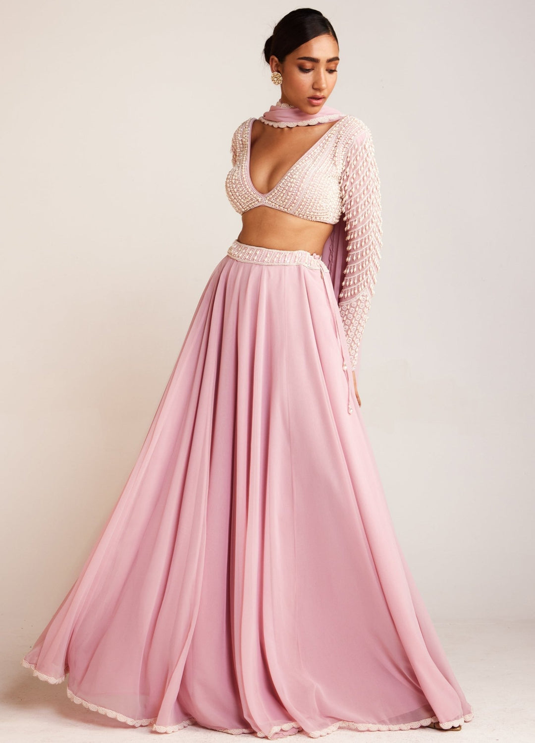 Powder Pink Georgette Lehenga Pant Set With Pearl Embellished Full Sleeved Blouse Vvani By Vani Vats - Fabilicious Fashion