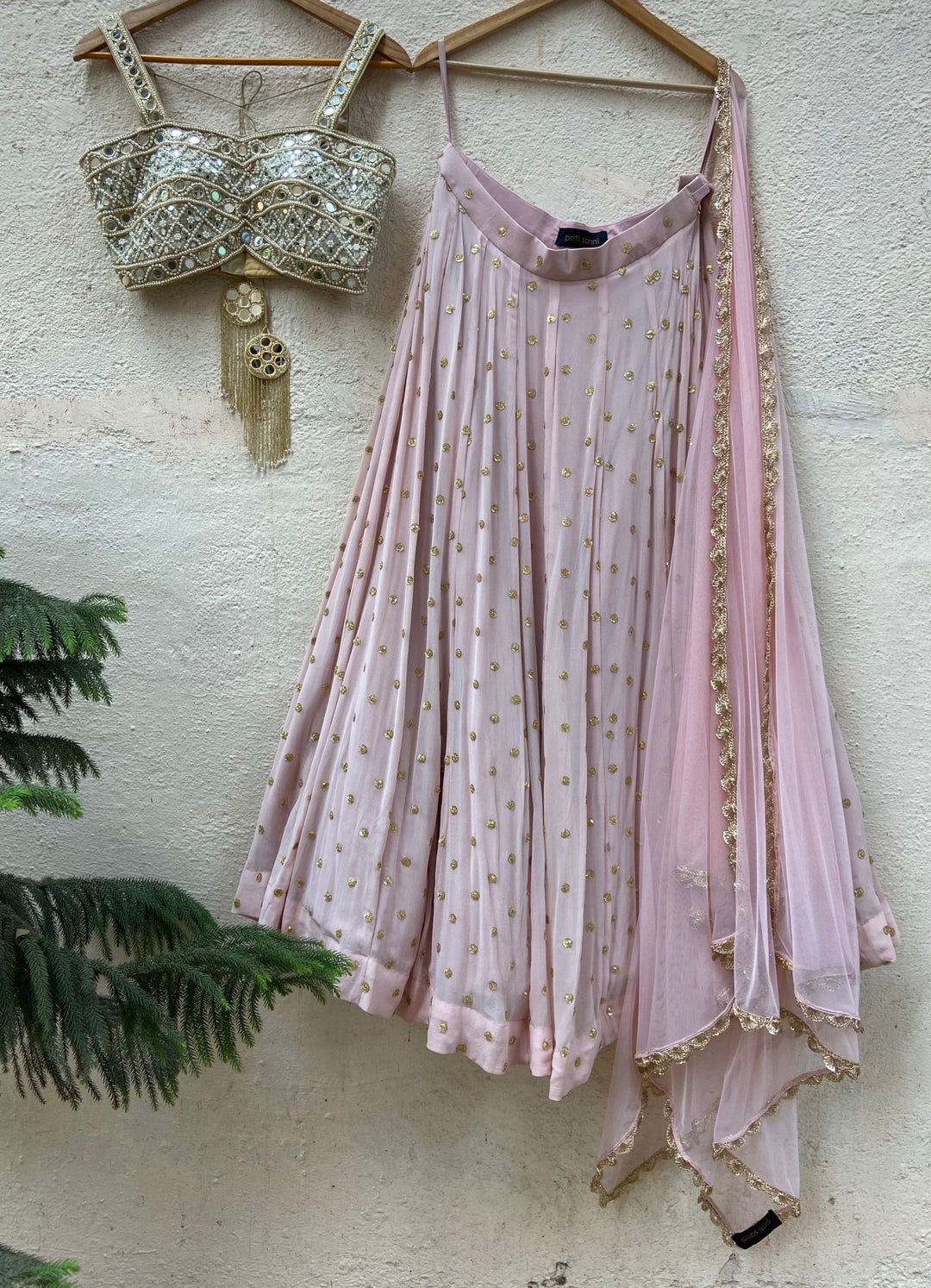 Powder Pink Lehenga Set With Mirror Bustier Priti Sahni - Fabilicious Fashion