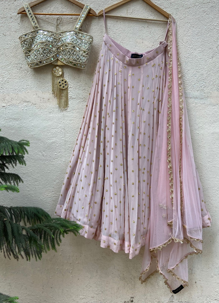 Powder Pink Lehenga Set With Mirror Bustier Priti Sahni - Fabilicious Fashion