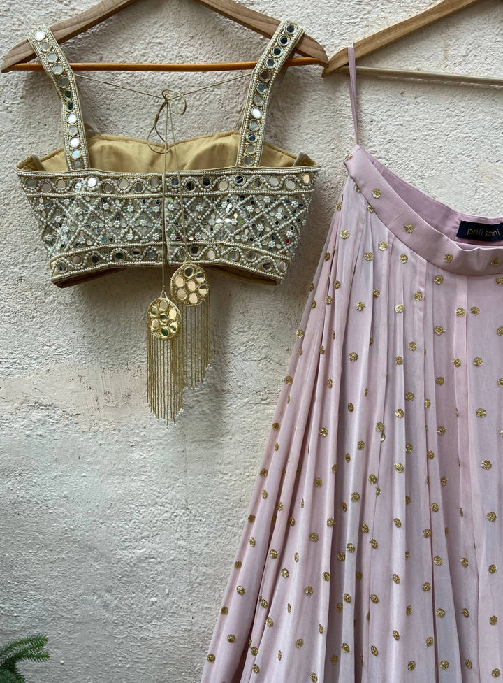 Powder Pink Lehenga Set With Mirror Bustier Priti Sahni - Fabilicious Fashion