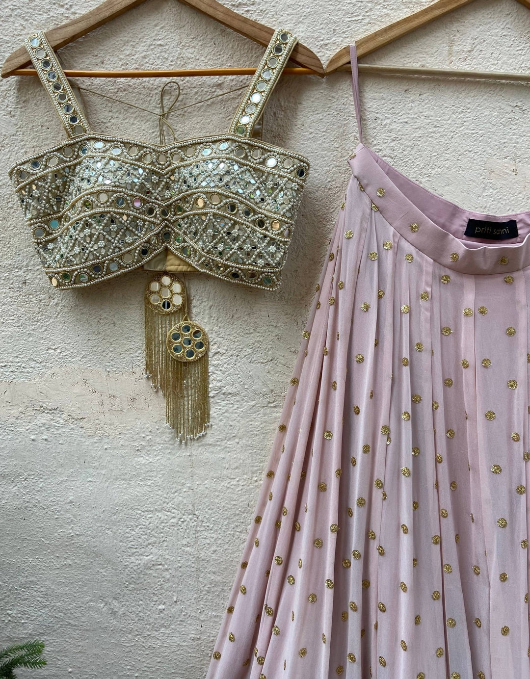 Powder Pink Lehenga Set With Mirror Bustier Priti Sahni - Fabilicious Fashion